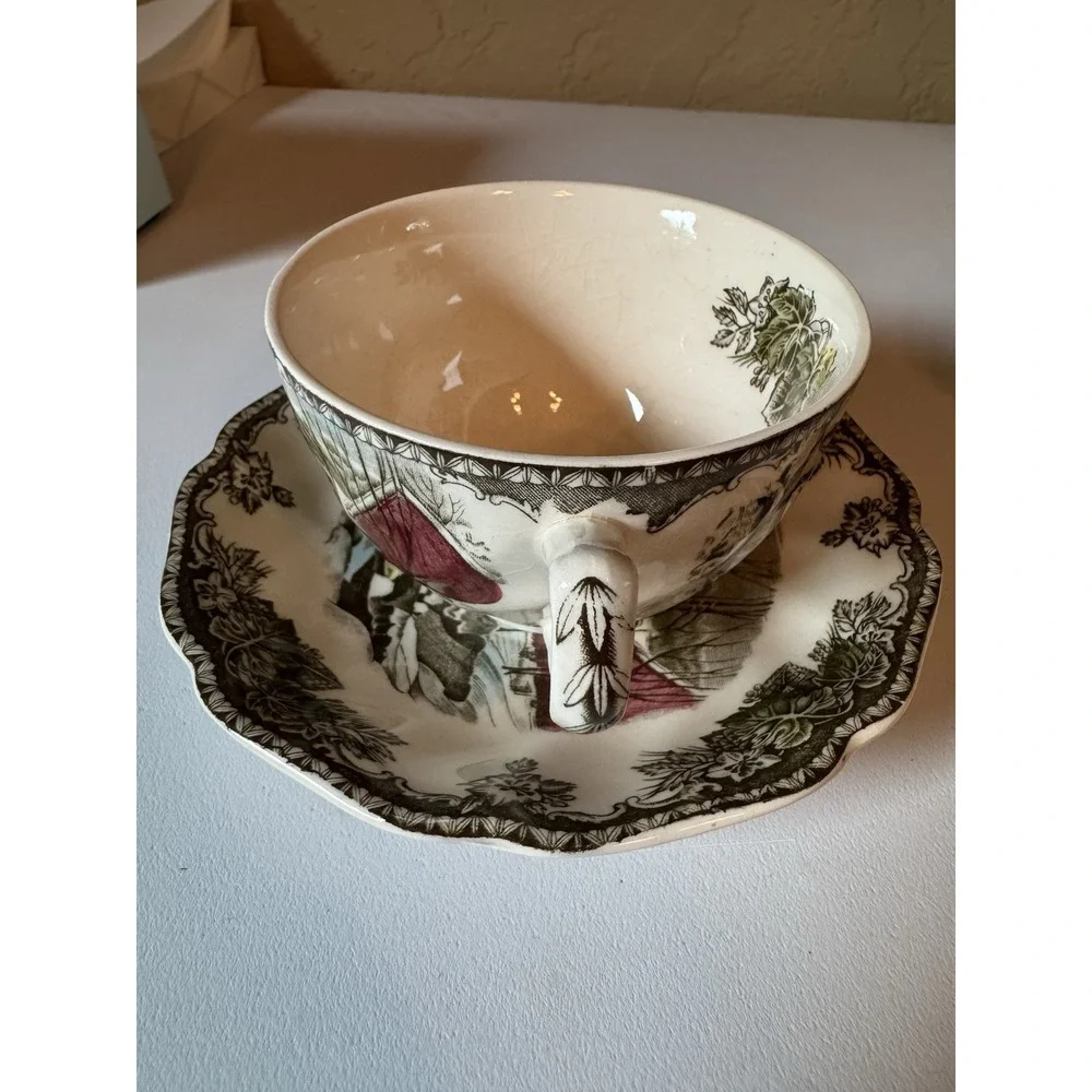 Vintage Set of 2 Johnson Bros Friendly Village Teacup Saucer Ice House England